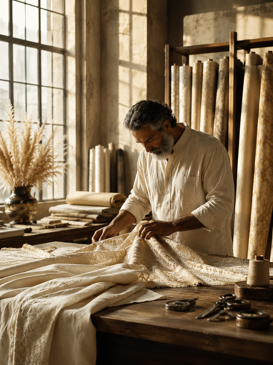 Master textile craftsman inspecting premium fabric in a sunlit workshop with fabric rolls